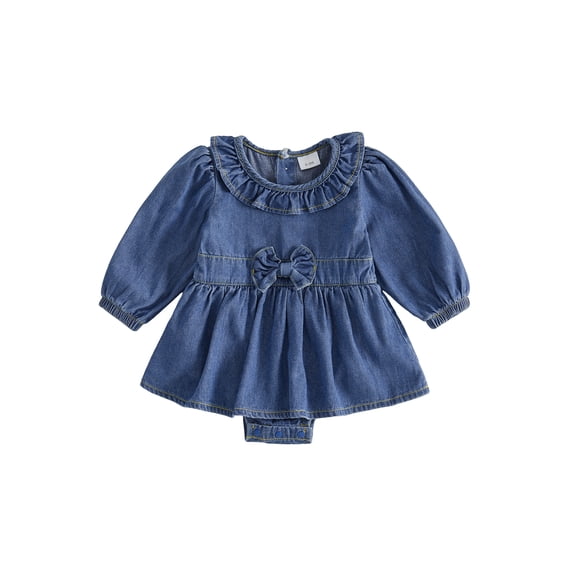 Cjfdfy Newborn Baby Girl Denim Romper Dress A Line Ruffled Trim Collar Bubble Long Sleeve Dress Girl Vintage Dress Baby Cute Fall Winter Denim Dress Outfit 0-18M