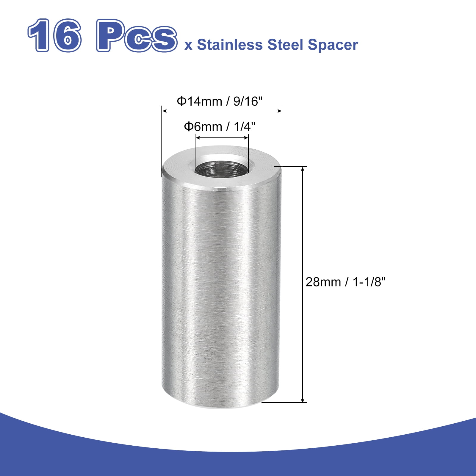 16Pcs 304 Stainless Steel Spacer 14mm OD x 6mm ID x 28mm Length for M6 Screw