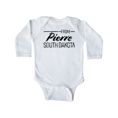 

Inktastic From Pierre South Dakota in Black Distressed Text Gift Baby Boy or Baby Girl Long Sleeve Bodysuit