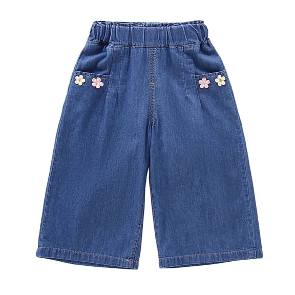 Glisme Toddler Girls Denim Pants Floral Graphic Wide Leg Jeans Lightweight Breathable Autumn Casual Girls Baggy Trousers