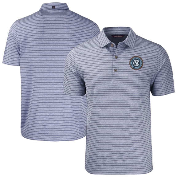 Men's Cutter & Buck Heather Navy New York City FC Forge Eco Stripe Stretch Recycled Tri-Blend Polo