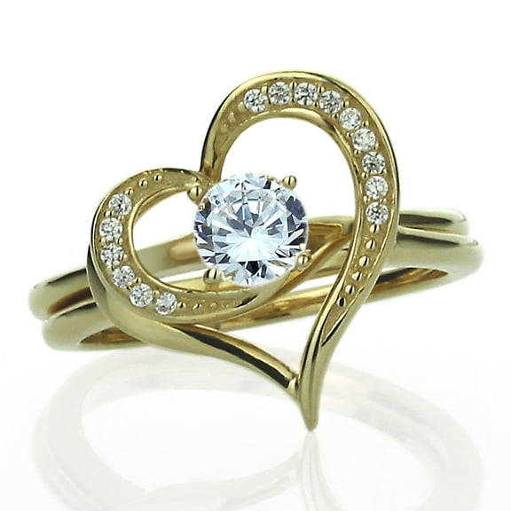 14K Yellow Gold 0.5 Carat Round CZ 2 pc Interlocking Heart Wedding Engagement Bridal Ring Set (Size 5 to 9)