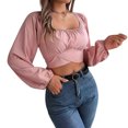 thumbnail image 2 of adaychics Cropped Blouses for Women Square Neck Ruched Lantern Long Sleeve Tie Back Crop Top Blouse for Vacation, 2 of 7