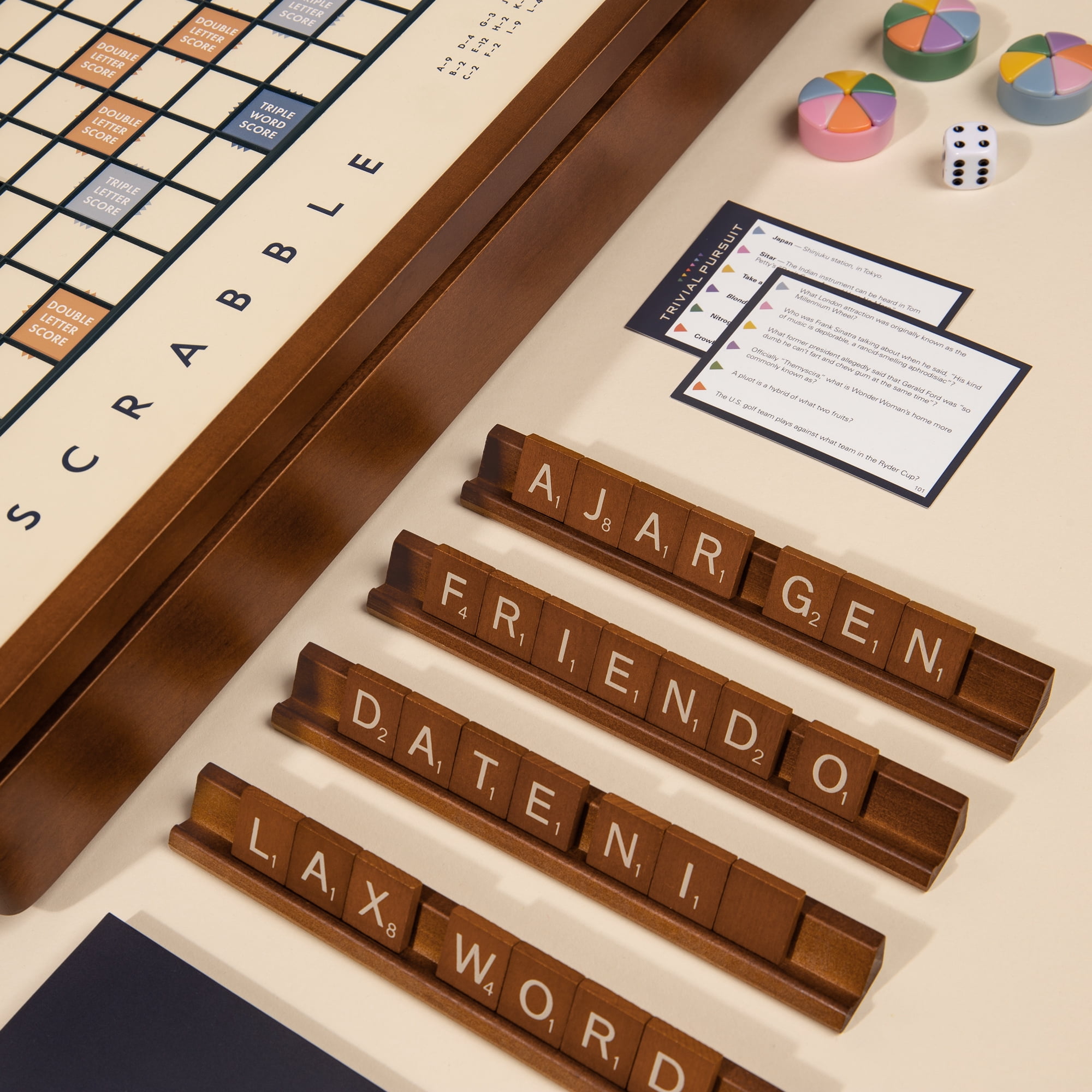 WS Game Company 3-in-1 Premium Game Collection: Scrabble, Trivial Pursuit, and Cribbage with Rotating Solid Wood Cabinet