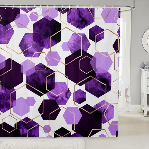 Rideaux de Douche Hexagonaux Aquarelle Décoration Maison, Imprimé Géométrique Nid d'Abeille Doré Violet, Ensemble de Décoration de Salle de Bain en Tissu Imperméable avec Crochets, 72Wx72L Pouces