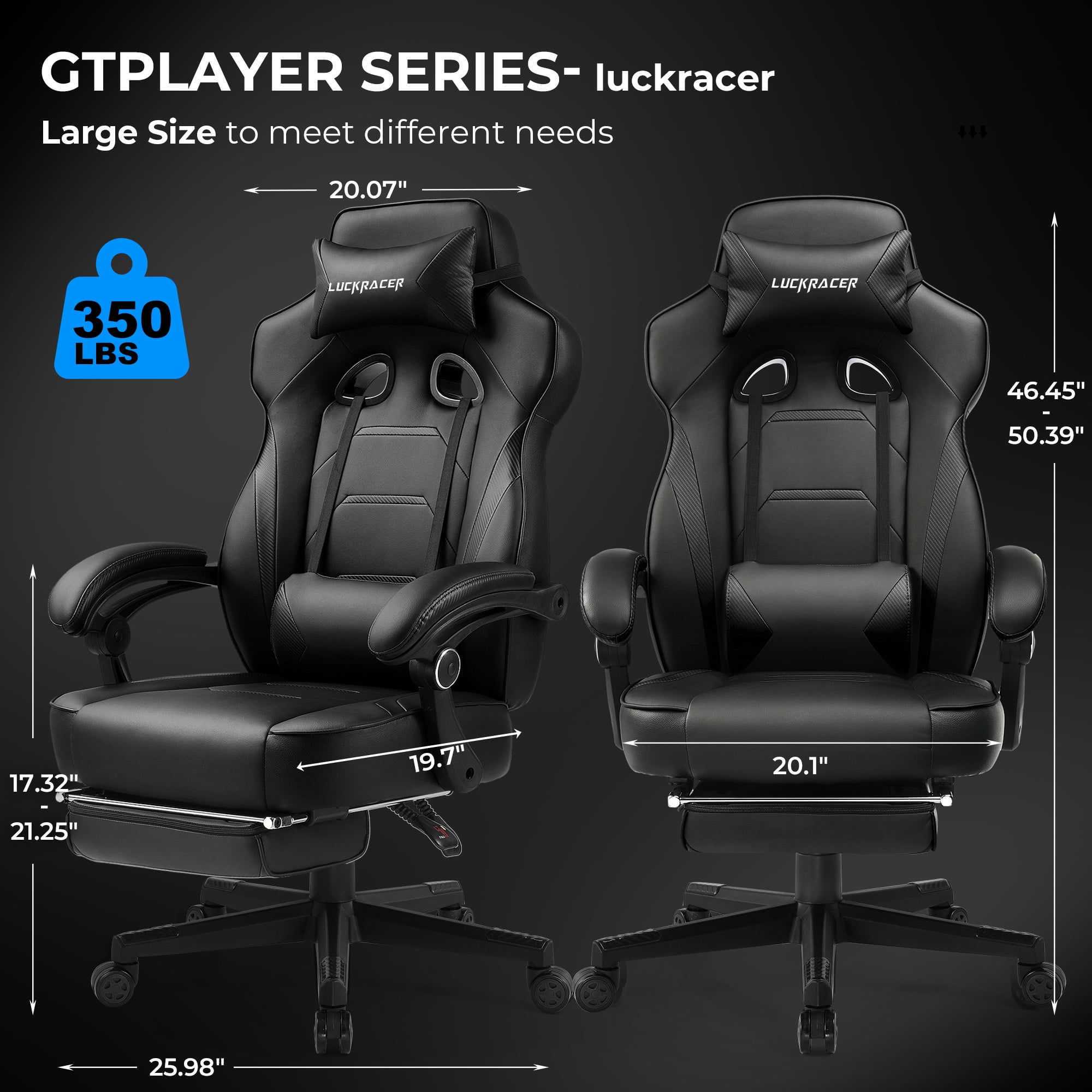 LUCKRACING Gaming Chair with Footrest, Big and Tall Game Chair 350lb Racing Style Computer Chair, Ergonomic Executive Office Chair High Back with Lumbar Support and Recliner, Black