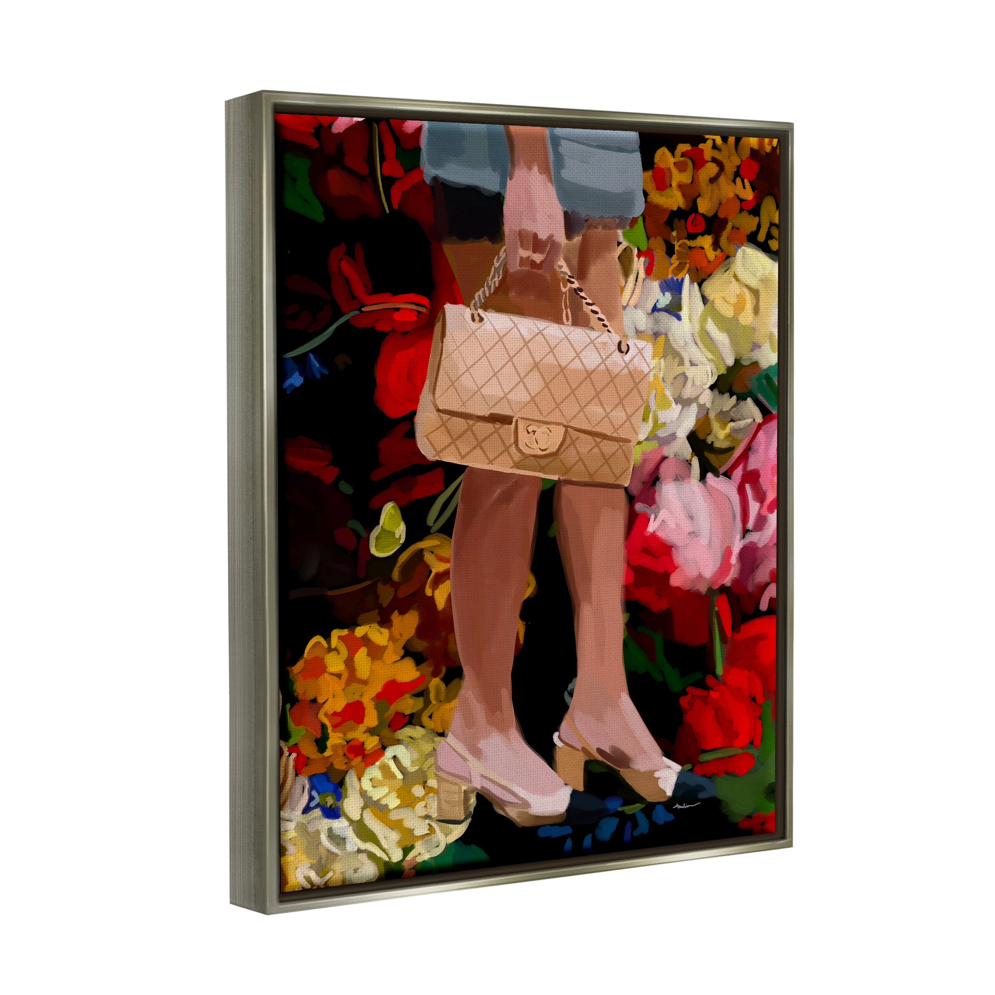 Stupell Industries Trendy Girl with Handbag Beauty & Fashion Painting Gray Floater Framed Art Print Wall Art, 25 x 31
