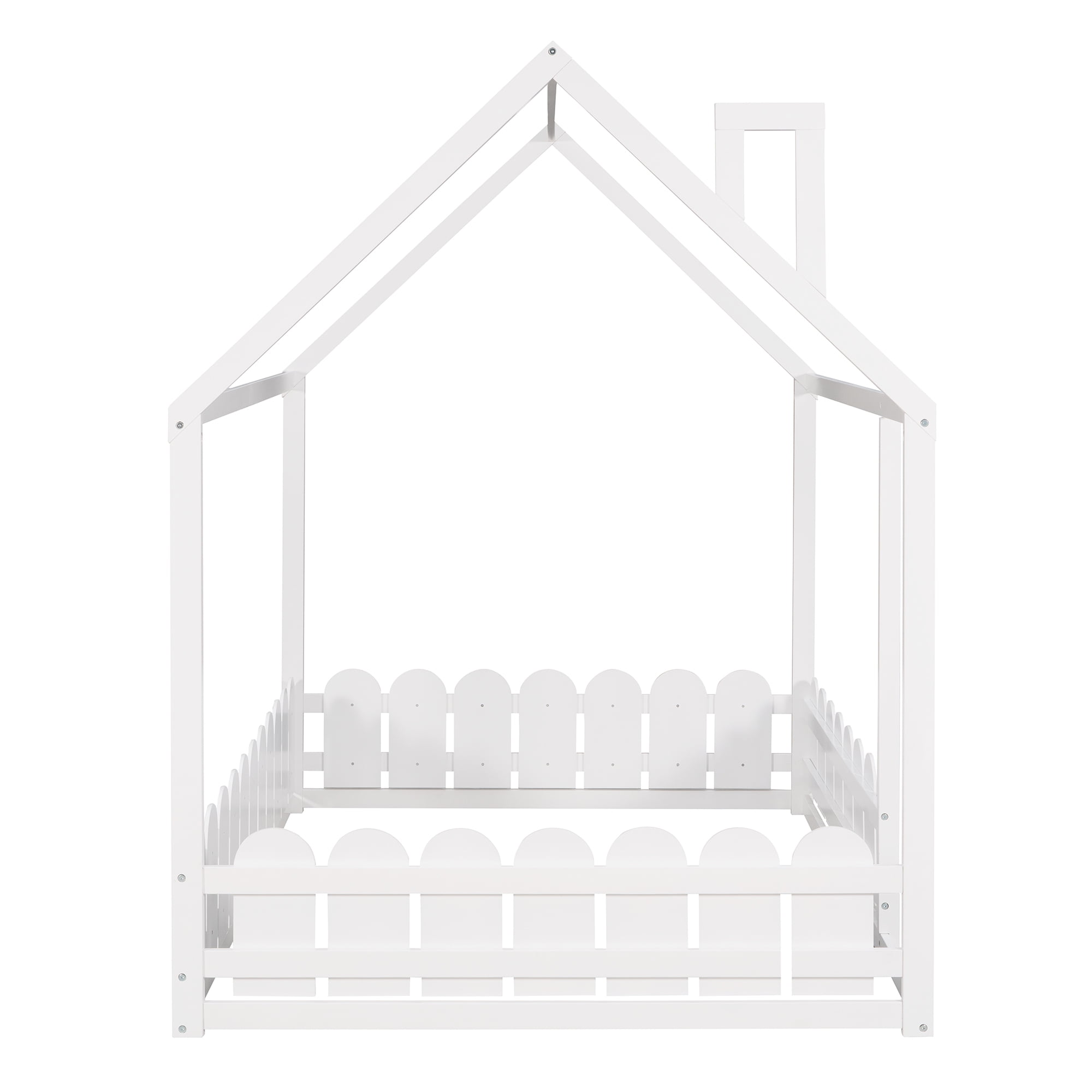 Gewnee Full Size Montessori Bed with Fence, Kids Wood House Bed Frame,White
