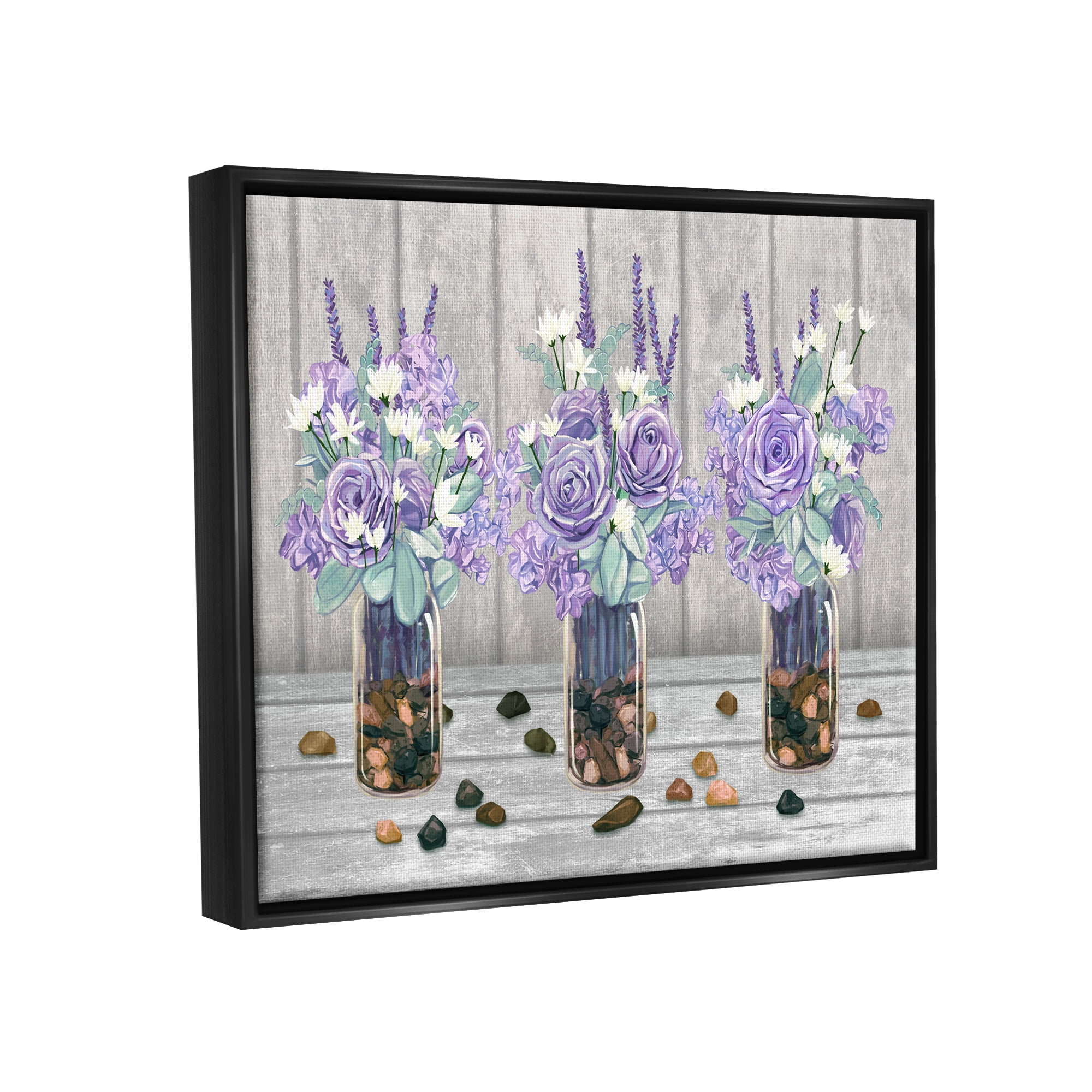 Stupell Industries Purple Rose Bouquet Trio Scattered Rustic Rocks Graphic Art Jet Black Floating Framed Canvas Print Wall Art, Design by Ziwei Li
