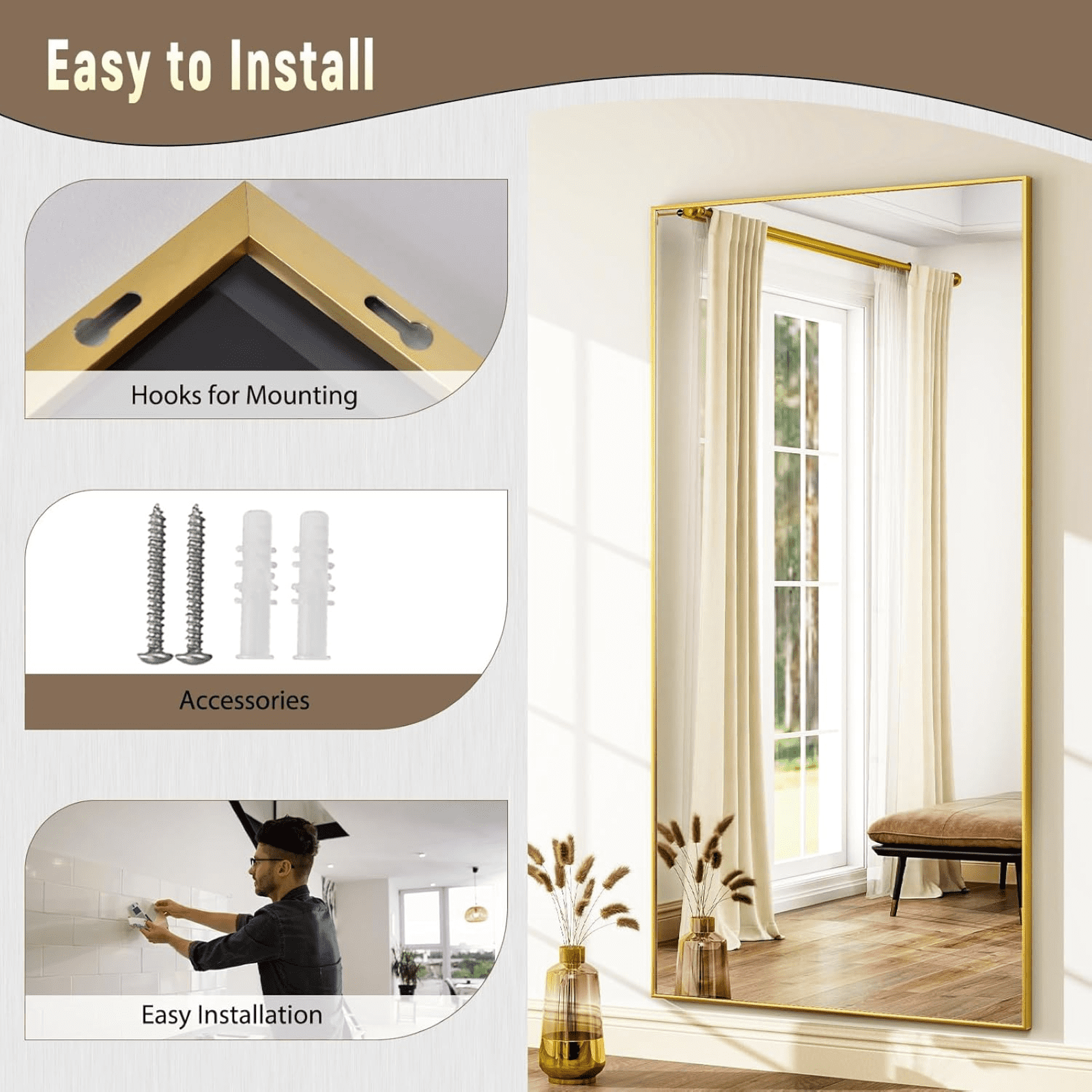 Lumora 76"x34.1" Full Length Floor Mirror Rectangular Freestanding Leaning Wall-Mounted Mirror, Gold
