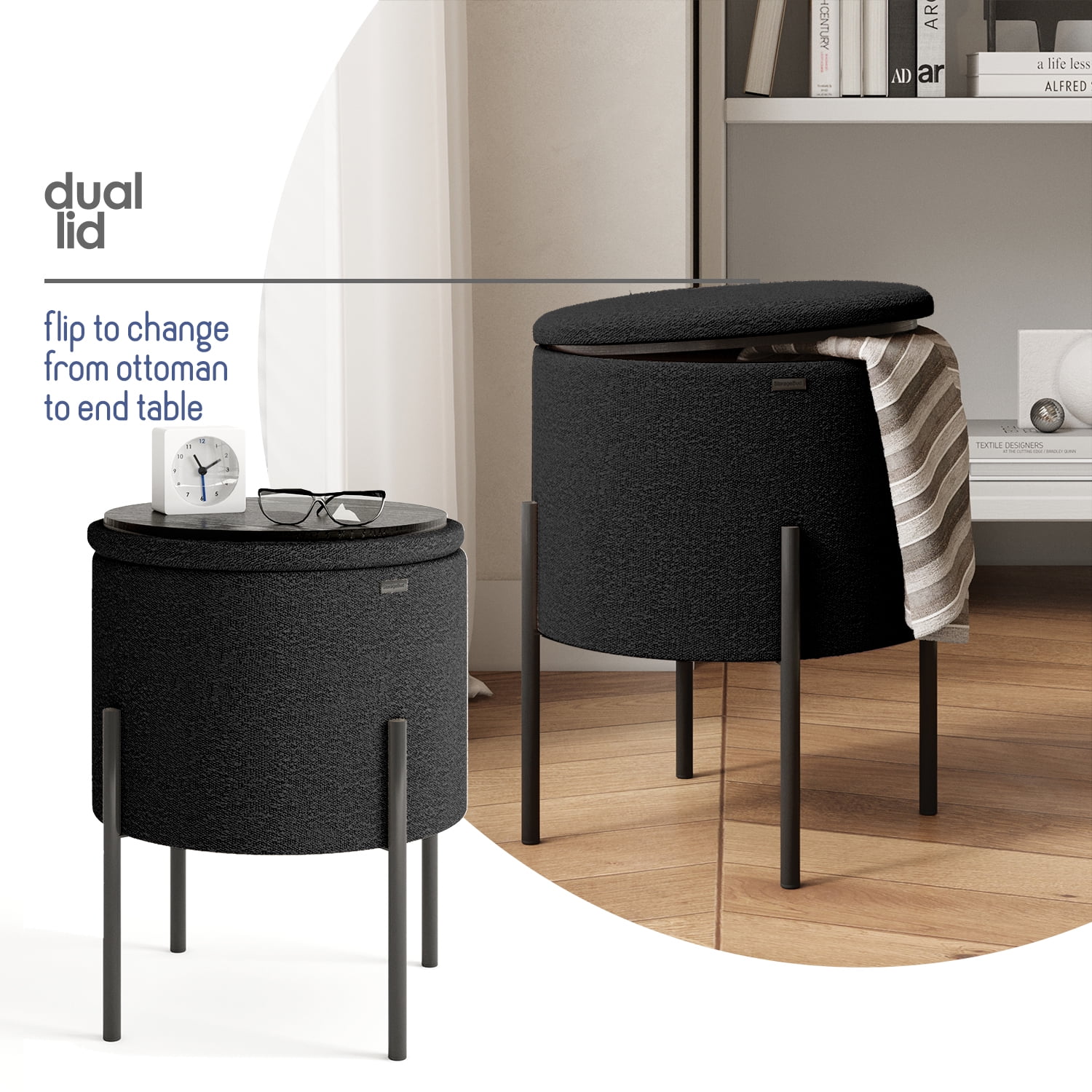 LammaLoe Small Round Ottoman with Storage, Boucle Ottoman Foot Stool with Lid, Upholstered Vanity Stool for Living Room & Bedroom, Black