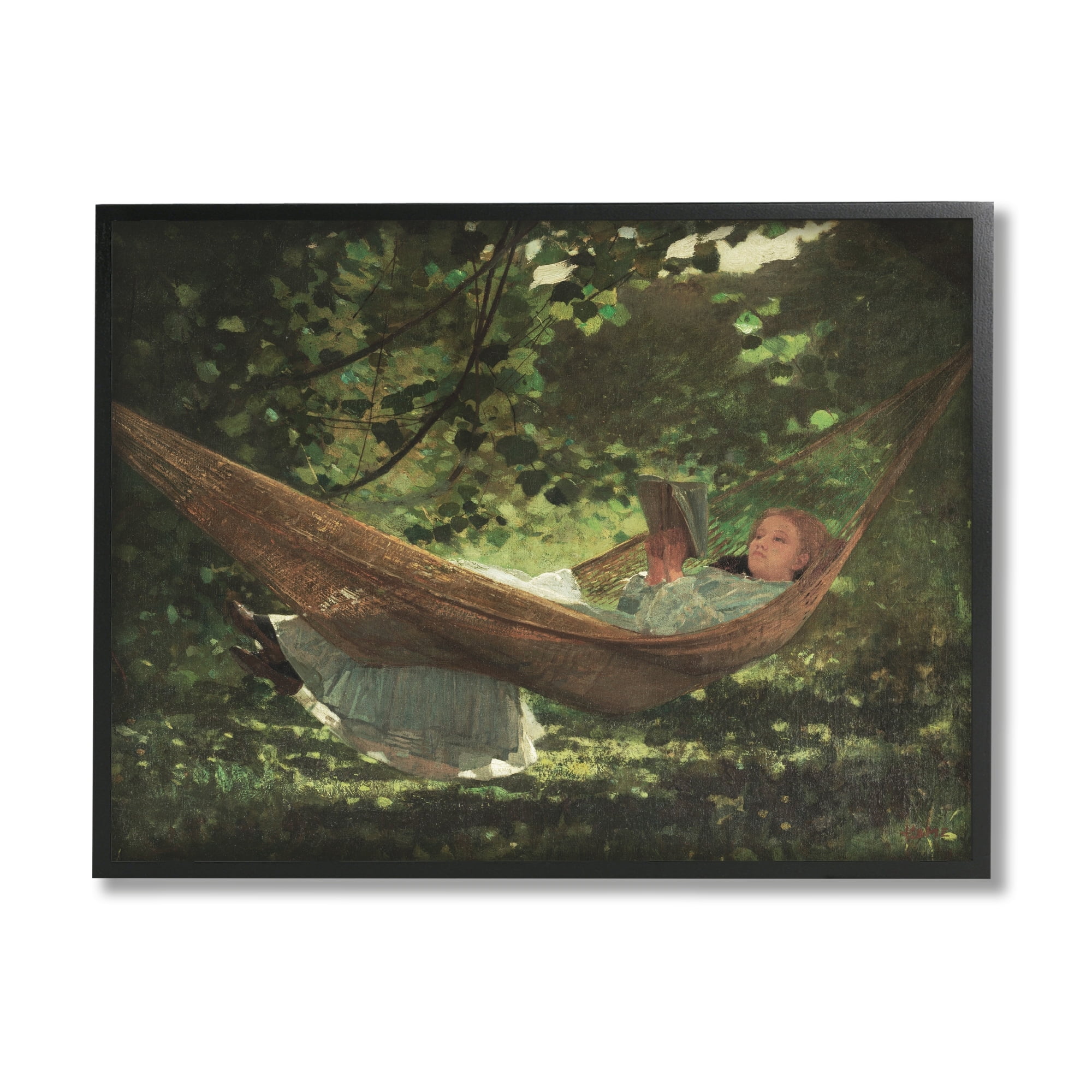 Stupell Industries Girl Reading Book Hammock Classic Vintage Painting Painting Black Framed Art Print Wall Art, Design by Lettered and Lined