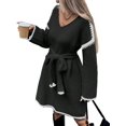 thumbnail image 3 of Tie-Waist Loose Knitted V-Neck Long Sleeved Autumn Dress Contrast Sleeves Pullover Sweater Dress Black L, 3 of 9