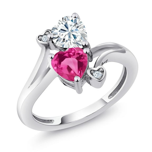 Gem Stone King 925 Sterling Silver White Moissanite Pink Created Sapphire Ring for Women (1.63 Cttw, Heart Shape 6MM, Gemstone Birthstone, Size 5)