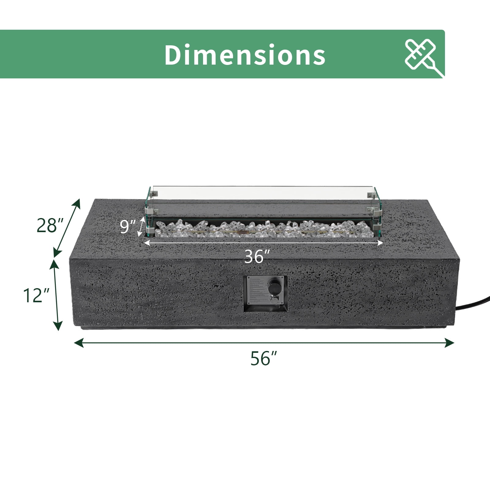 VENTOPYR 56" Rectangular Concrete Outdoor Fire Pit Table with Wind Guard & Fire Glass​