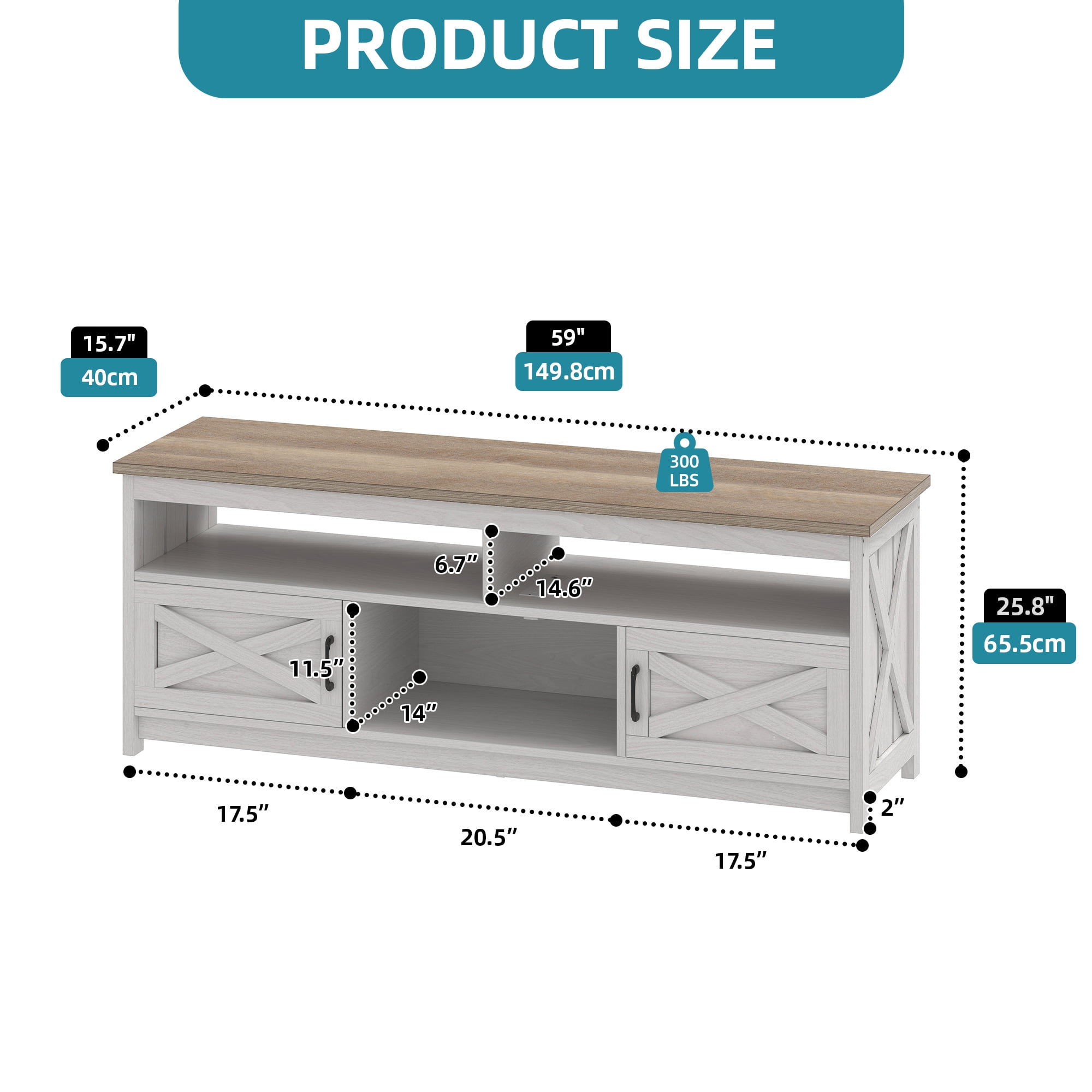 Uforic 65 Inch Farmhouse TV Stand Fits 70/75 Inch Flat Screen TV with RGB Ambient Light, Cable Holes, Built-in Power Station & Multi Storage Space for Living Room, Beige+White