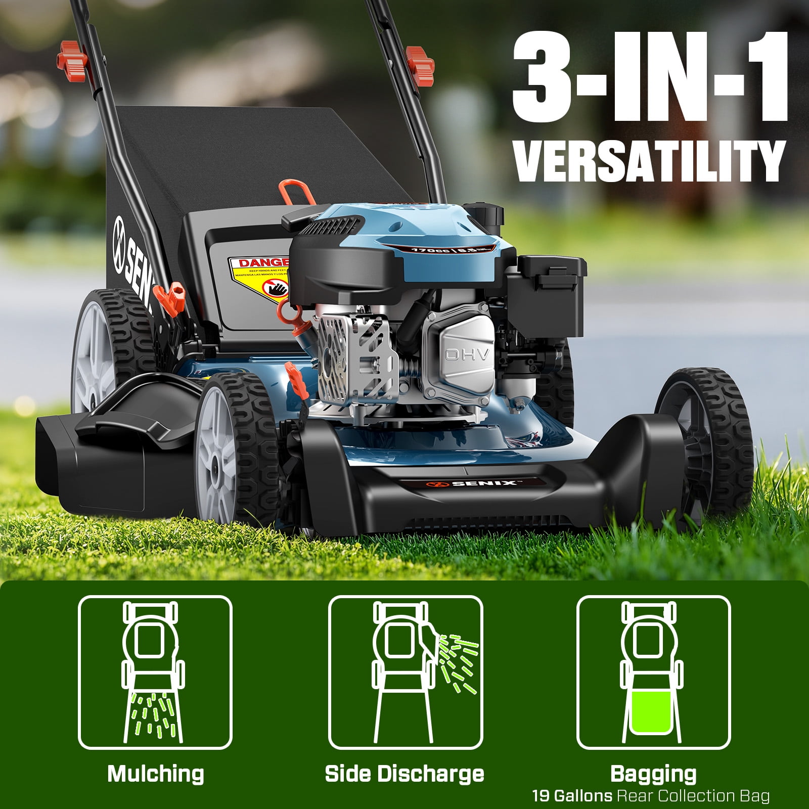 SENIX 21" 144cc Gas Lawn Mower, 4-Stroke Engine, 3-in-1, 6-Height Adjustment, 11" Rear Wheels, 16 Gal Bag