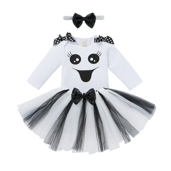 Infant Baby Girls Halloween Cartoon Round Neck Long-sleeved Romper Bow Skirts Headband Outfits Set Girls Clothing