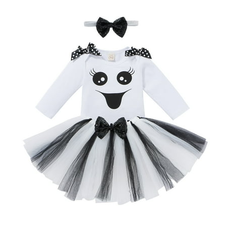 

LBECLEY Girls Sweatsuits Set Baby Girls Long-Sleeved Round Neck Cartoon Romper Bow Skirts with Headband Outfits Set Size 14 Girls Fashion White 80