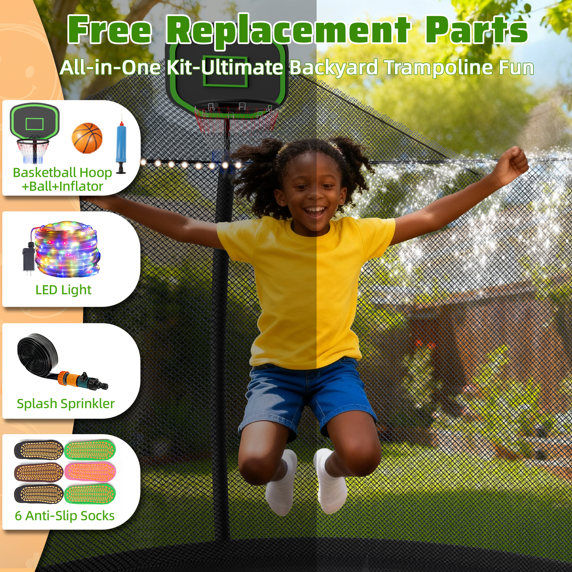 FIZITI Trampoline 10FT 12FT 14FT,Trampoline with Enclosure, Basketball Hoop,Ball, LED Light and Sprinkler, 1000LBS Trampoline for 2-3 Adults/ 6-7 Kids, Outdoor Backyard Trampoline