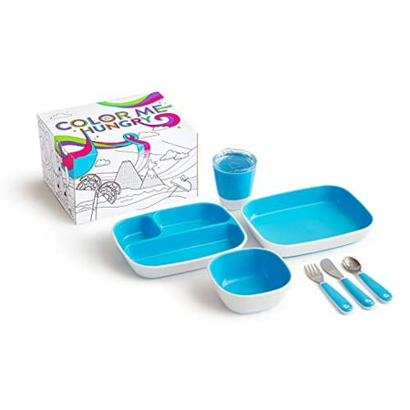 Munchkin Color Me Hungry Splash 7pc Toddler Dining Set - Plate, Bowl, Cup, and Utensils in a Gift Box, Blue