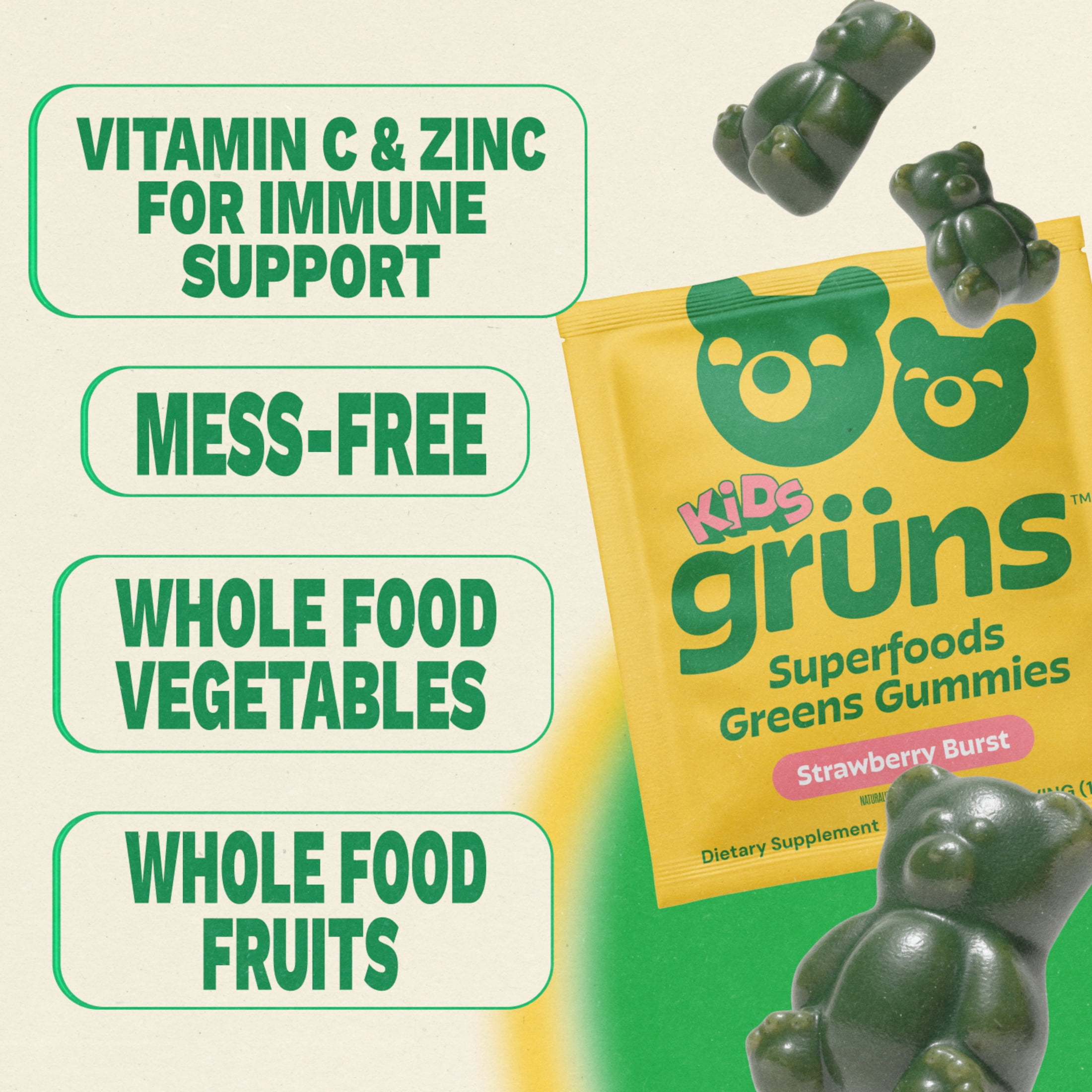 Gruns Kids Superfood Greens Multivitamin Gummies with 4g of Fiber for Ages 2+, 3 Count