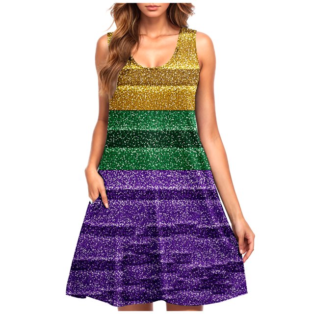 Robe Mardi Gras pour Femmes, Robe de Fête Tendance d'Été 2025 à Thème Carnaval, Robe Midi Sans Manches à Col en V