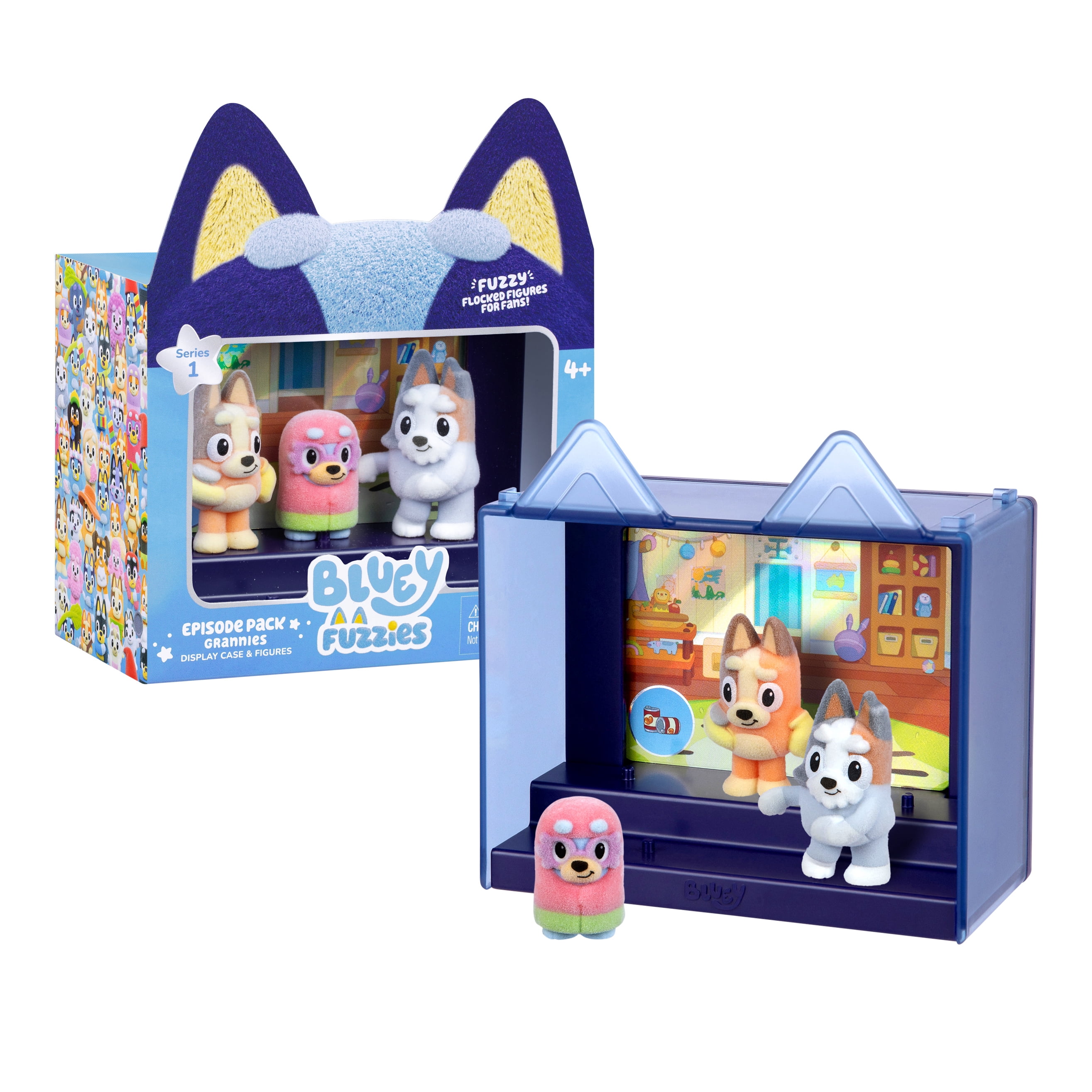 Bluey Fuzzies Episode Pack: Grannies. 3 Flocked Collectibles (Incl. 1 Exclusive), Display Case, Trading Card, and Collector's Guide. Ages 4+