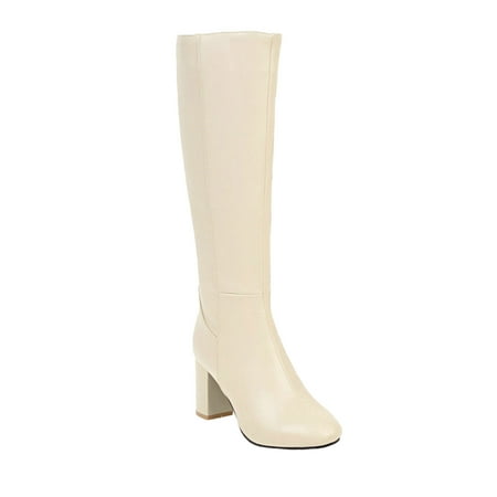 

CaComMARK PI Women Boots Clearance Western Style Cowboy Riding Warm Knee High Heeled Middle Tube Boots Shoes Beige