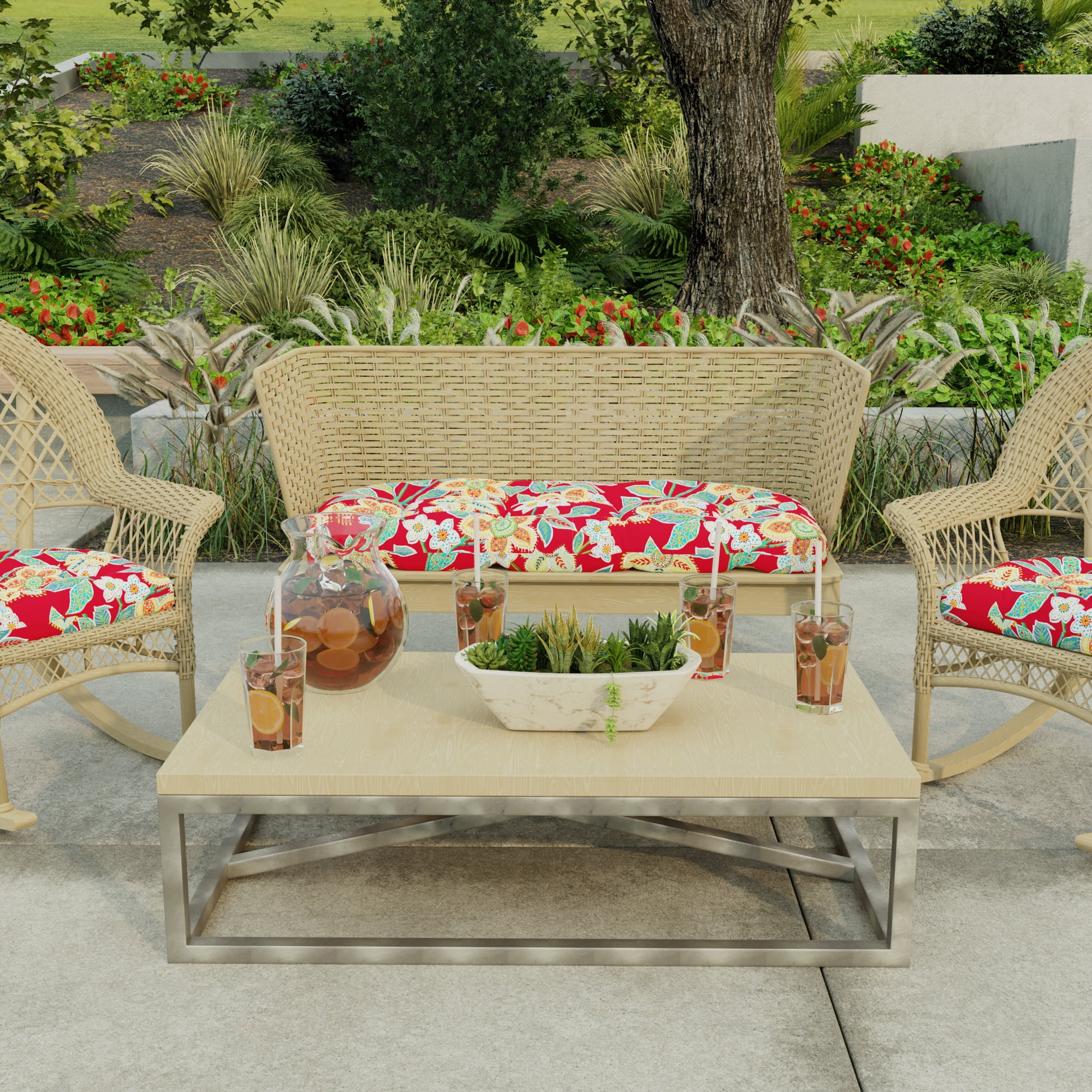 Jordan Manufacturing 44" x 18" Leathra Red Floral Rectangular Tufted Contoured Outdoor Wicker Settee Bench Cushion