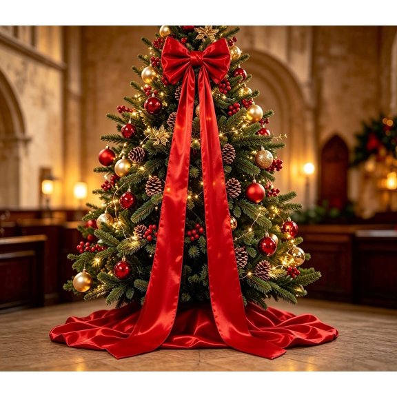 19.7 Inch Christmas Tree Bow Topper, Oversized Bow with Long Streamers for Front Door Wreath Mantel Party Xmas Holiday Decor