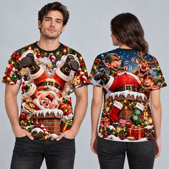 MOVAAX Upside-Down Santa Stuck in Chimney 3D-Effect T-Shirt, Funny Christmas Tee