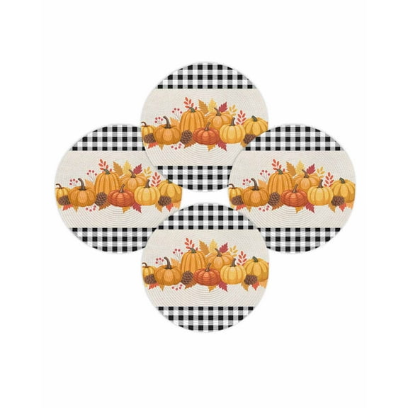Fall Round Placemats Set of 4 Harvest Pumpkin Place Mats Thanksgiving Woven Placemat Maple Leaf Pine Cones Linen Plaid Circle Braided Table Mat for Kitchen Dining Table Party Home Decor 15 Inch