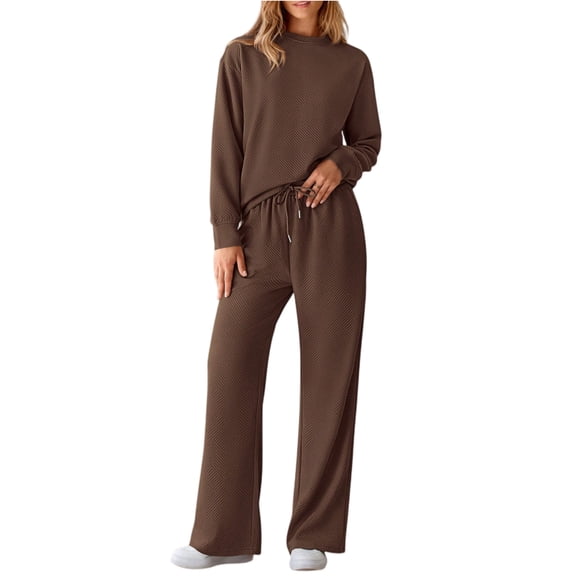 longantii 2 Piece Sets for Women Lounge Hoodie Sweatsuit Sets Loose Straight Leg Sweatpants Matching Sets Fall Fashion Texture Travel Airport Outfits Coffee XL