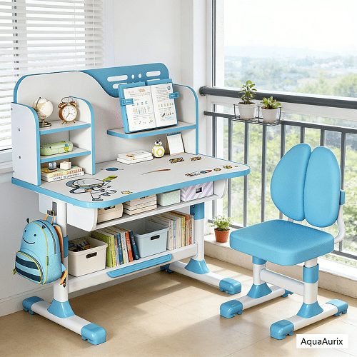 2Pcs/Set Premium Kids Study Desk Chair Set, Height Adjustable Children School Study Table Chair Set with Astronaut Pattern, Ergonomic Desk Chair with Large Writing Board, Bookshelf and Drawer