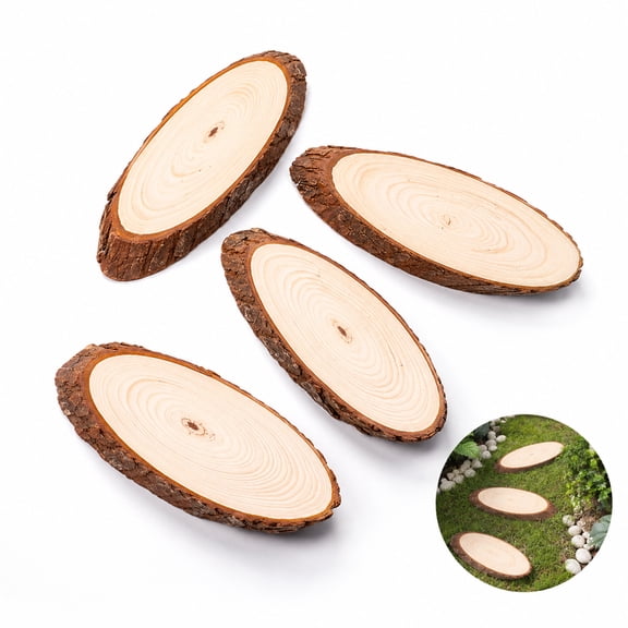 Heyingu 4Pcs Oval Wood Slices, Stepping Stones with Sturdy Edge Unfinished Wood Outdoor Garden Wood Stepping Stones for Lawn and Patio