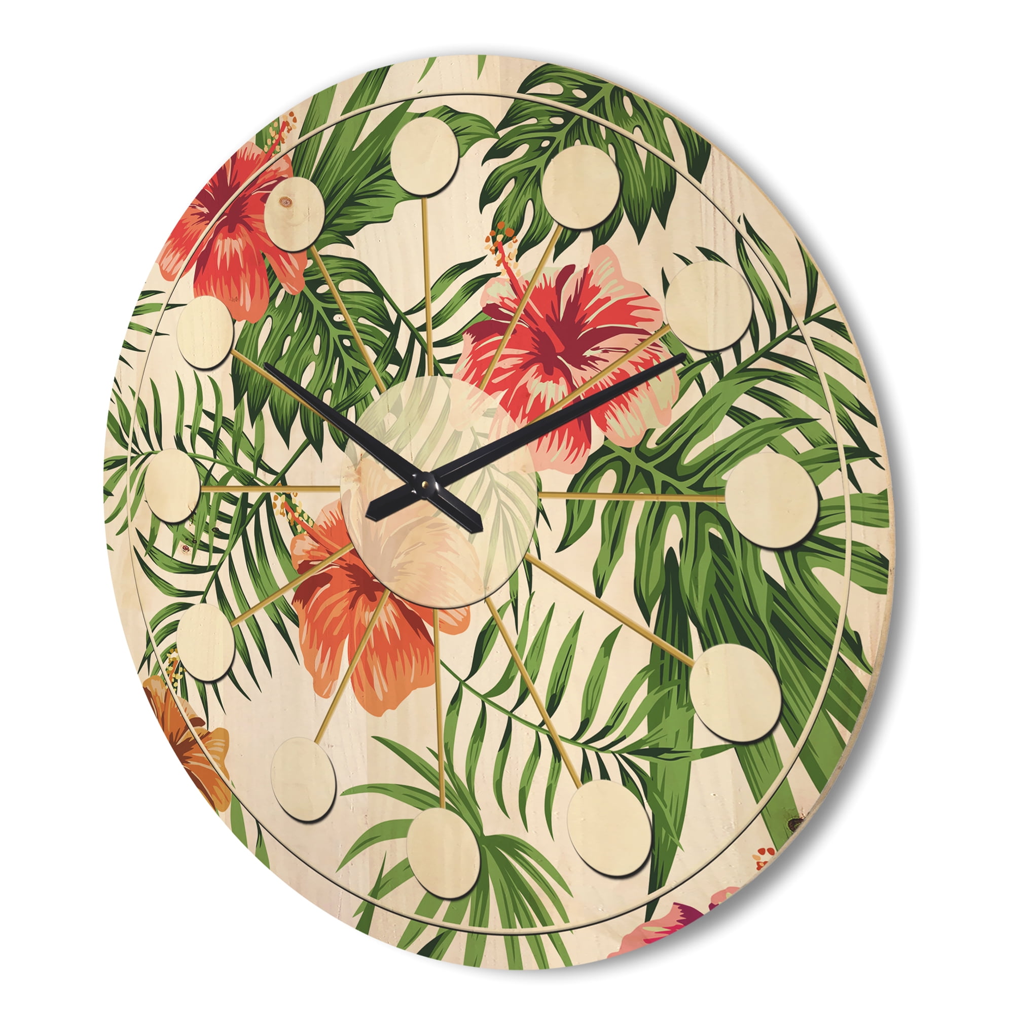 Designart 'Flowers and Tropical Botanicals II' Mid-Century Modern Wood Wall Clock