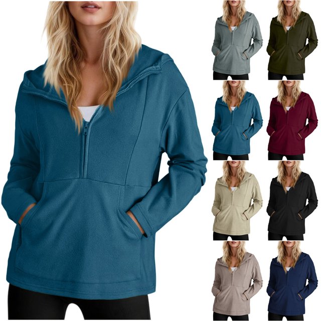 Sudadera con cremallera,Sudadera con capucha y media cremallera para mujer, jersey de manga larga, sudadera informal de poliéster, sudadera con capucha extragrande para usar en casa, sopatenor