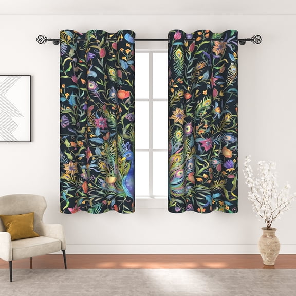 MIZHONA Black Blackout Curtains for Living Room Colorful Peacock Window Curtain Set of 2,42"x63"