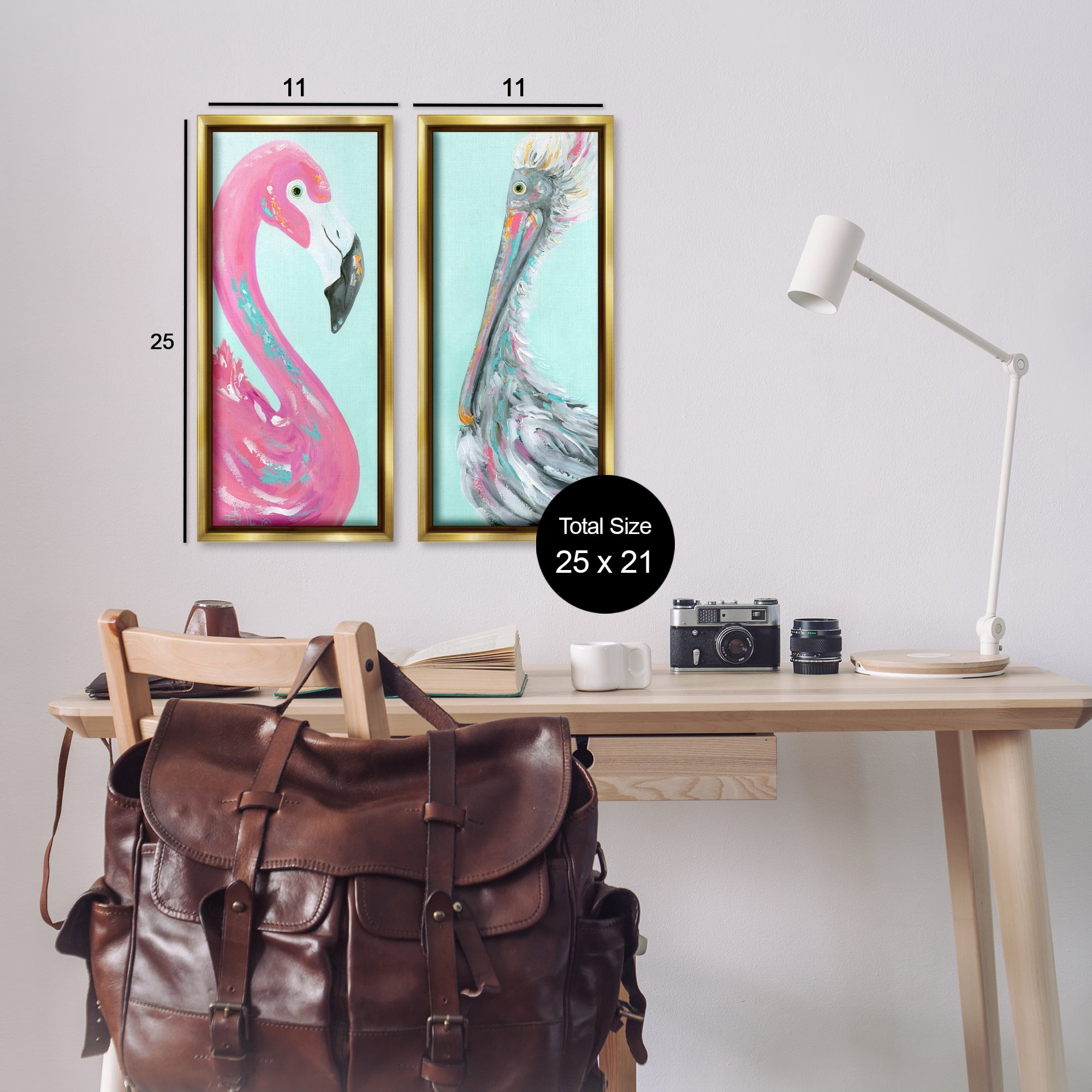 Stupell Industries Odd Flamingo Pelican Profile Animals Painting Gold Floater Framed Canvas Art Print Wall Art, 11 x 25, Set of 2