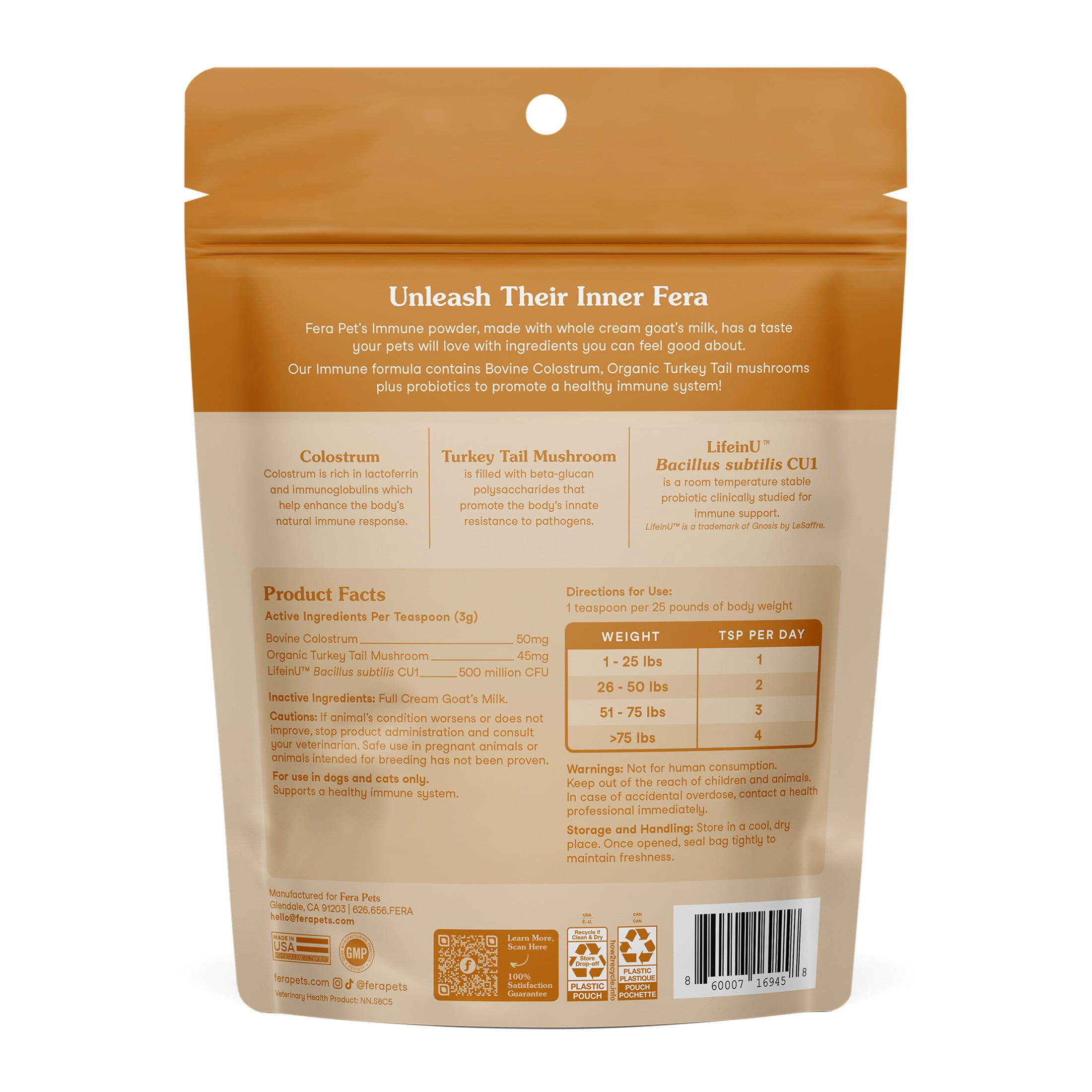 Fera Pets Immune Goat Milk for Dogs & Cats - With Colostrum, Turkey Tail Mushroom, & Probiotics - 60 Servings