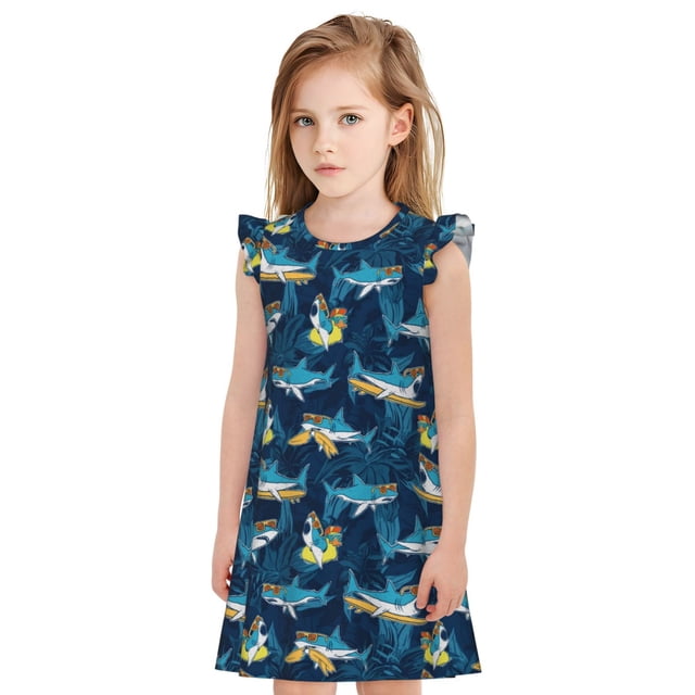 Balery Cartoon Surfer Sharks Camisón de princesa para niñas, pijama de algodón con mangas abullonadas, suave y bonito.-Large