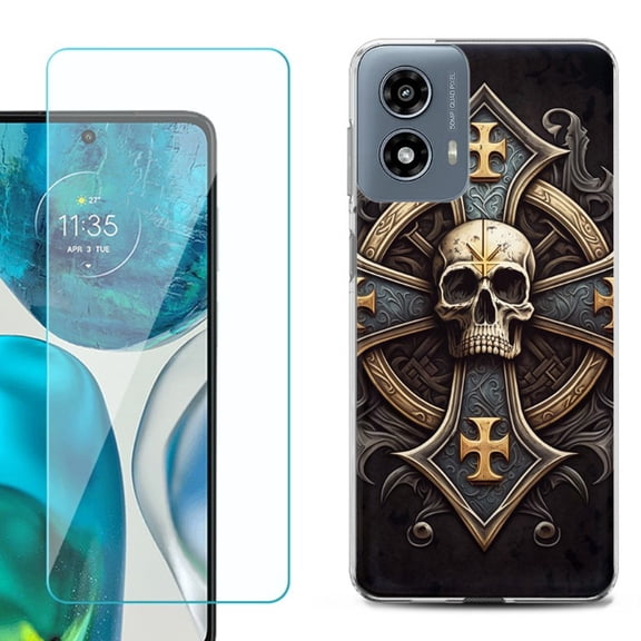 OneToughShield ® Shockproof Phone Case Compatible with Motorola Moto G Power 5G 2024, with Tempered Glass Screen Protector - Skull Art
