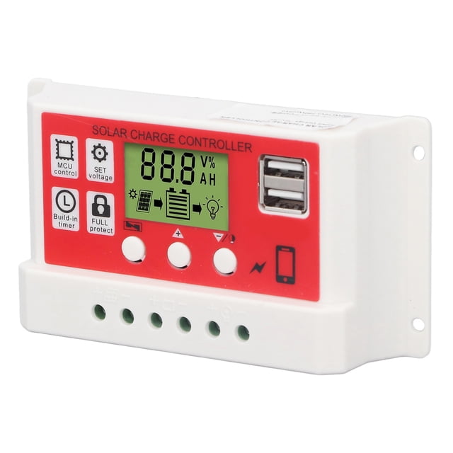Solar PWM Charge Controller with LCD Display, Dual USB Outputs, 12V/24V 30A, Compatible with Lithium & Acid Batteries, Overcurrent & Short Circuit Protection