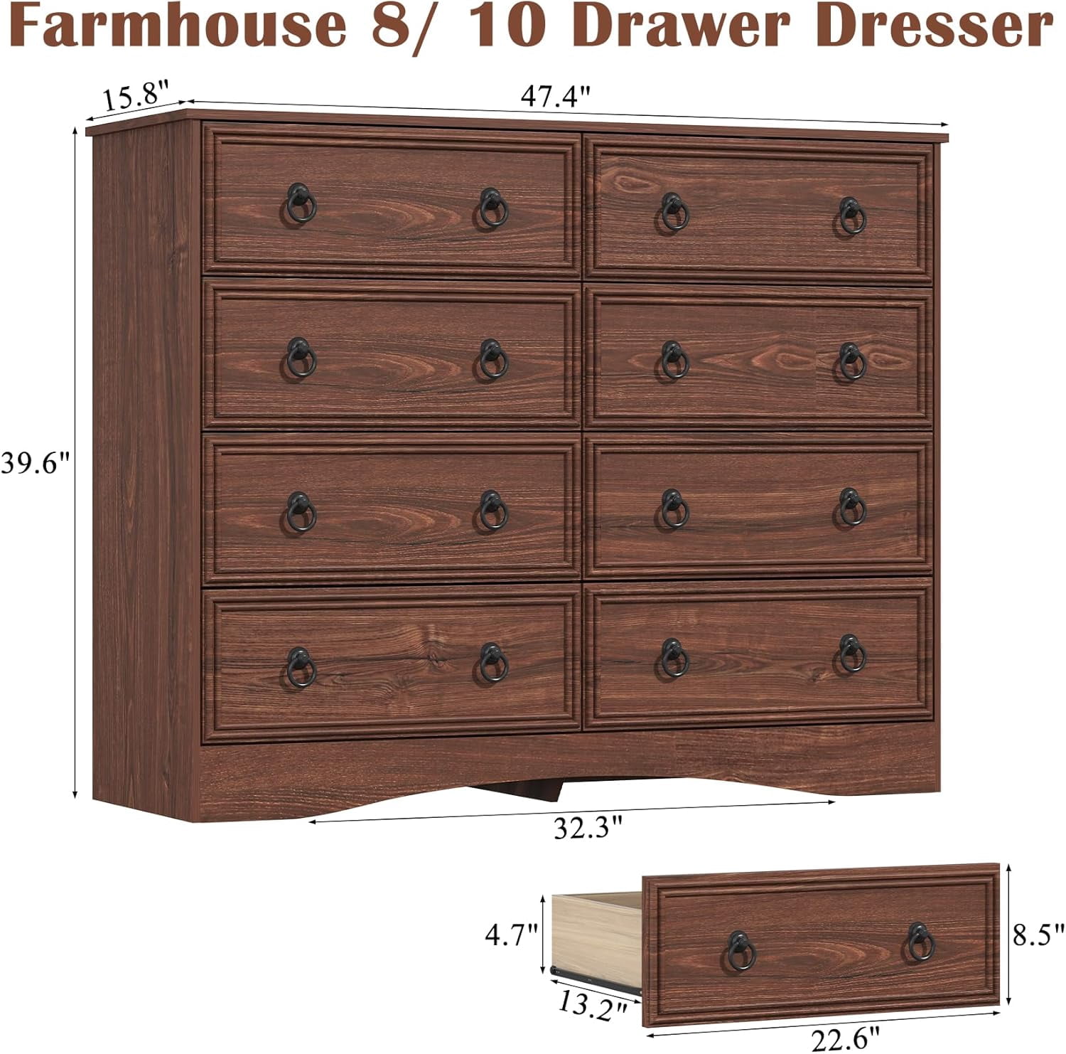 Meteorleg 8 Drawer Dresser for Bedroom, Large Dressers & Chests of Drawers, TV Stand for 55 inch, Storage Organizer Furniture, Hallway, Entryway, Closet, Cherry