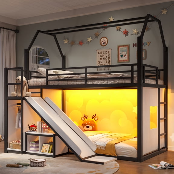 Newest Twin Playhouse Loft Bed with Slide, LED Underbed Area & Hanging Rack for Bedroom, Black