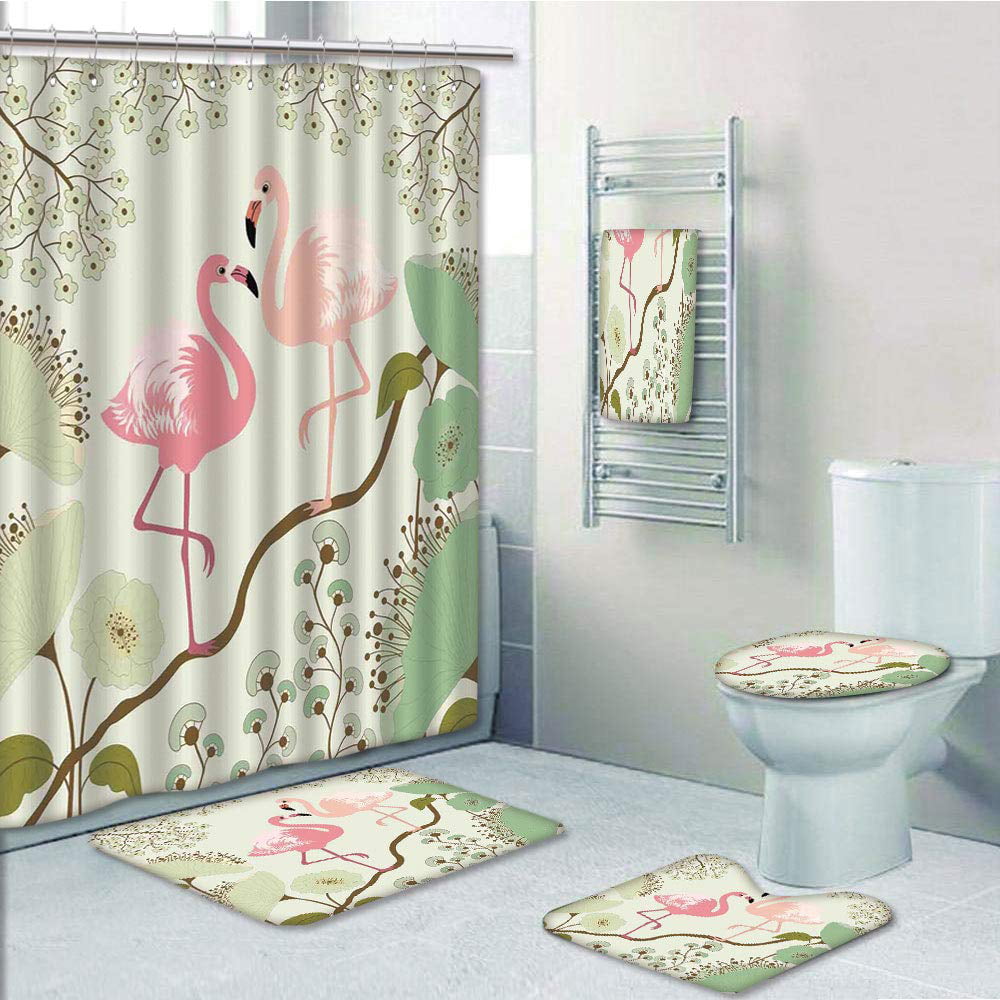 Flower Palm Leaf Flamingo Shower Curtain BathMat Toilet Cover Rug Bathroom Decor 