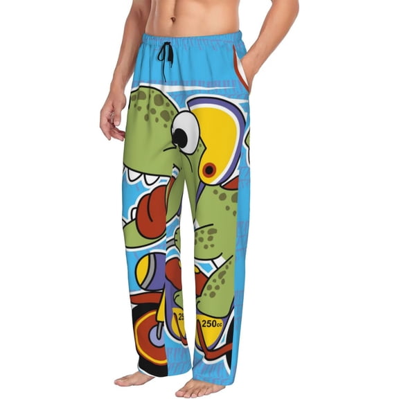 Mens Pajama Pants Bottoms with Pockets - Funny Dinosaur Riding Motorcycle Comfy Mens Pj Pants, Soft Men Lounge Pants