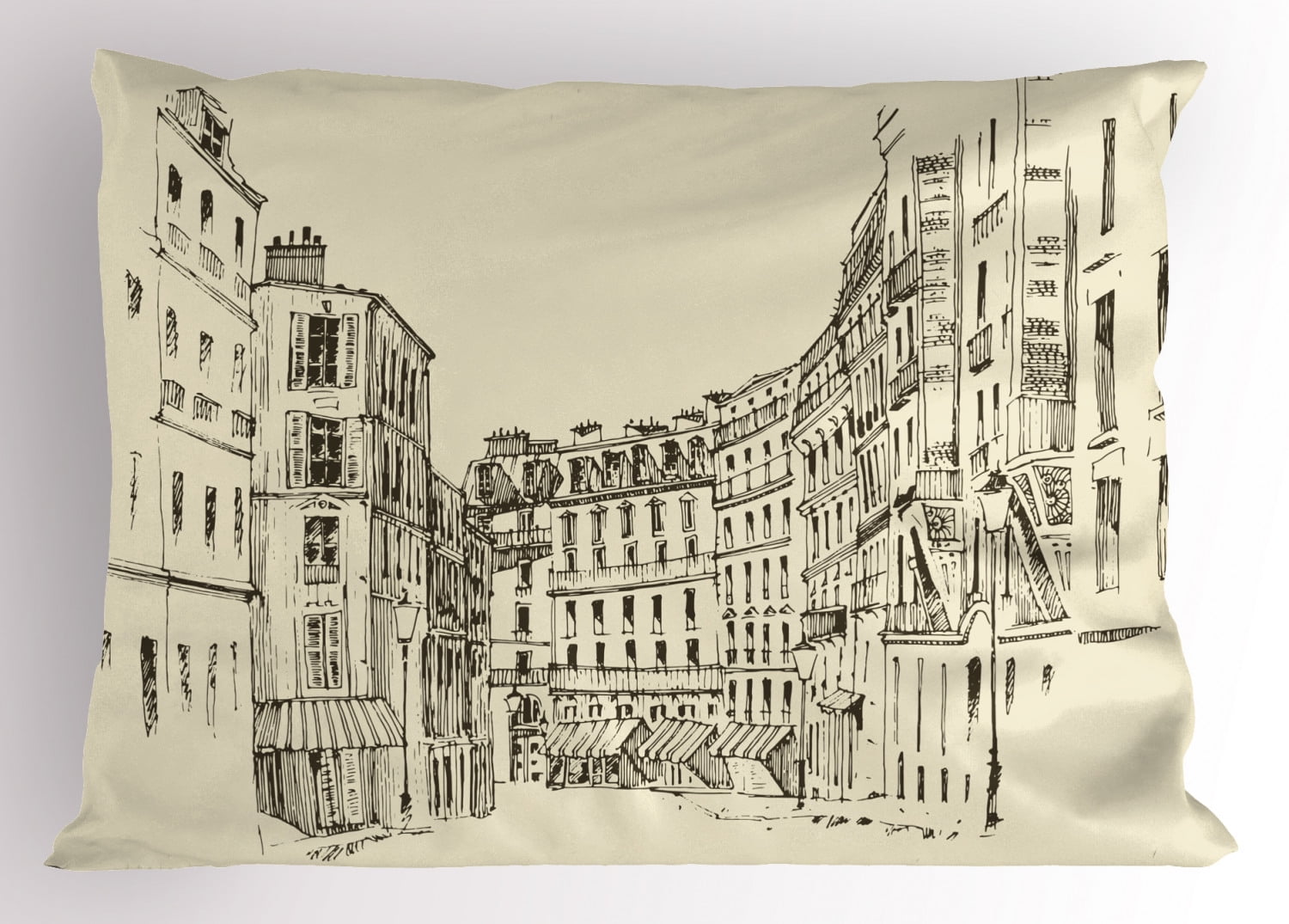 Paris Pillow Sham, Hand Drawn Buildings of France European Classic Architecture Design Urban Design, Decorative Standard King Size Printed Pillowcase, 36' X 20', Black and Cream, by Ambesonne