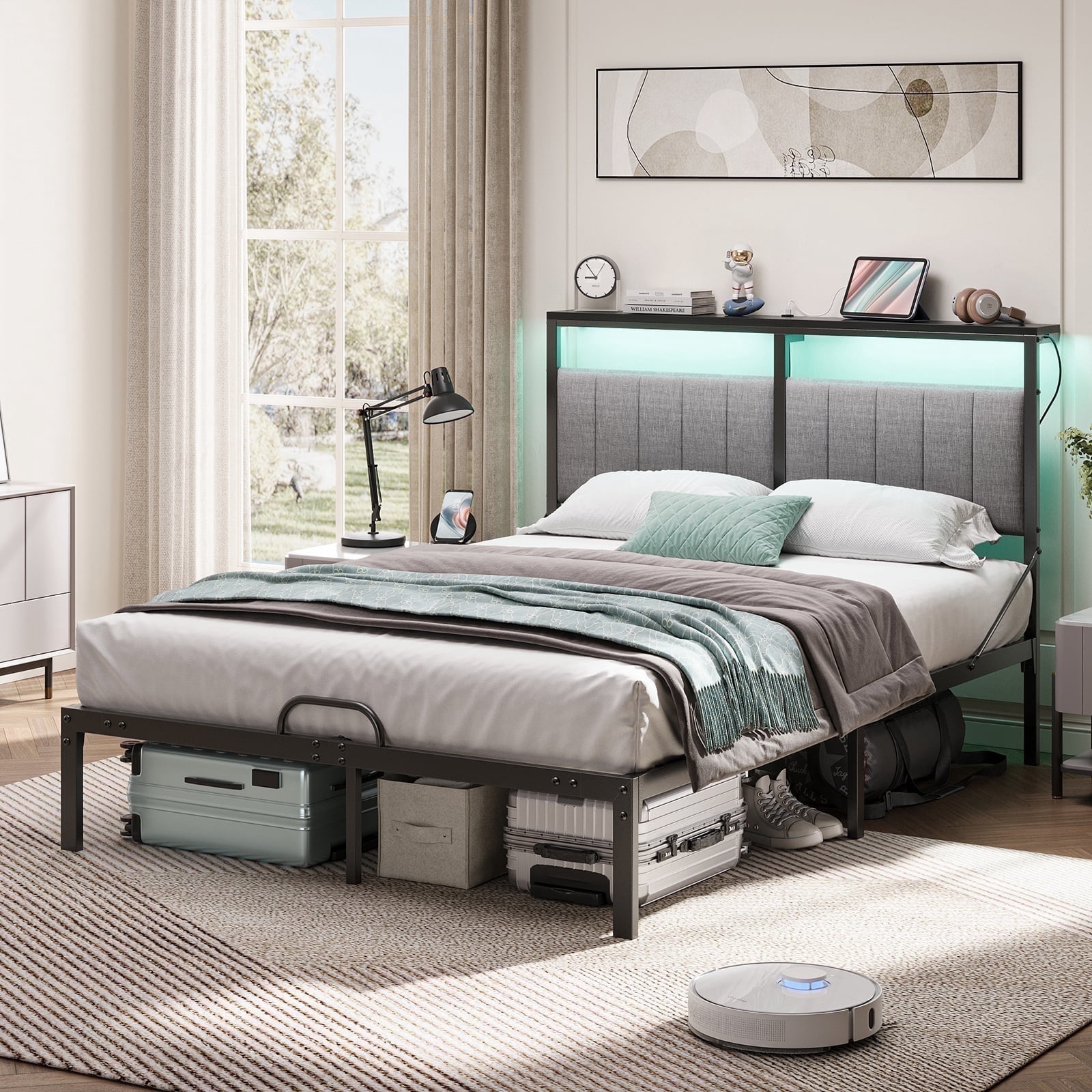 Full Size Bed with Upholstered Headboard | Bestier Metal Platform Bedframe with LED Lights, USB Charging Station & Storage Shelf, Gray Fabric
